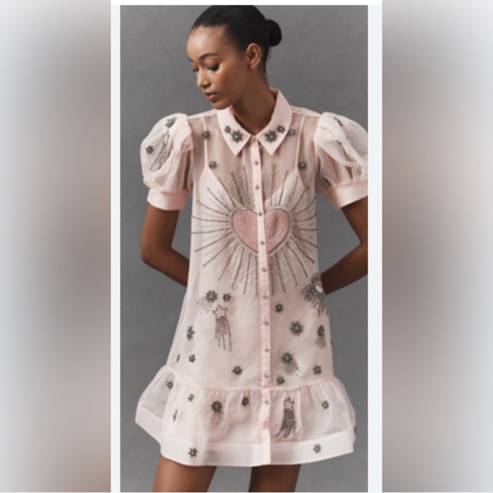 Maeve Short-Sleeve Sheer Embellished Mini Dress